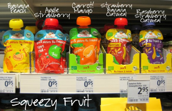 Okay, the TV dinners and these squeezy fruits aren't jars, but whatever.  I know these pouches are all the rage in the US, but they have just started catching on in Germany.  They're here, but few and far between.